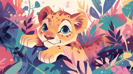 Baby lion wallpaper design file with tropical leaves pattern in soft colors