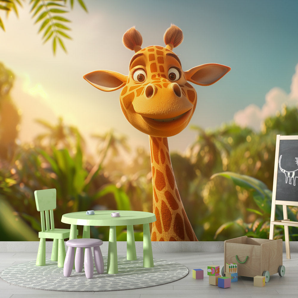 Bright and cheerful Jungle Animals Wallpaper featuring a 3D giraffe transforms a modern kids bedroom into a safari adventure
