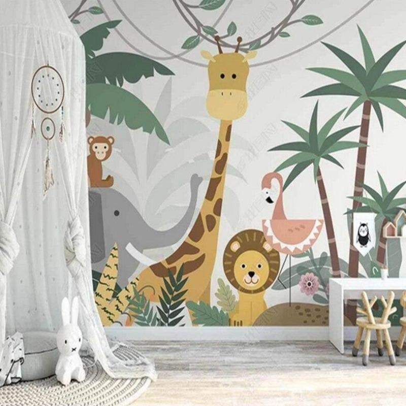Jungle Animals Wallpaper in bright nursery with white crib and natural decor