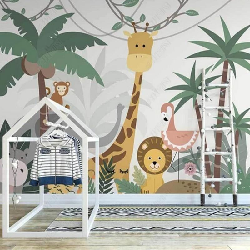 Cartoon Jungle Wallpaper in modern daycare with wooden furniture