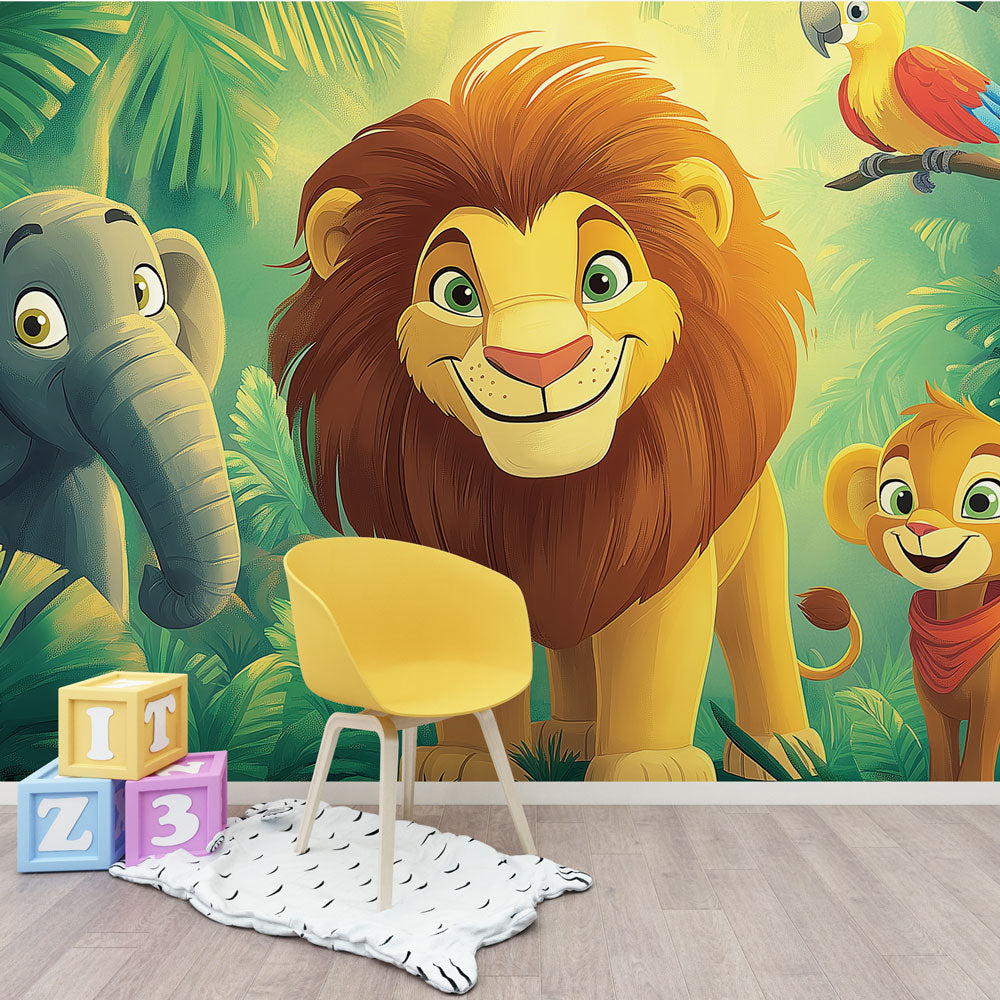 Jungle Animals Wallpaper creating a playful atmosphere in a bright nursery with natural light and wooden furniture
