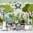 Jungle Animals Wallpaper creating a magical atmosphere in a bright nursery, with soft mint walls and playful safari creatures
