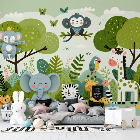 Jungle Animals Wallpaper creating a magical atmosphere in a bright nursery, with soft mint walls and playful safari creatures