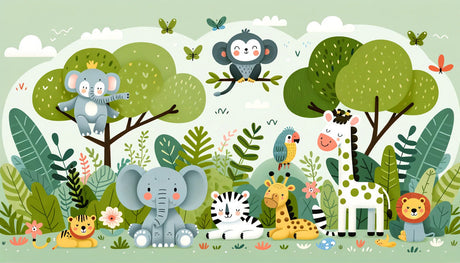 Safari Animals design file showing detailed pattern with friendly elephants, monkeys, and giraffes on mint background