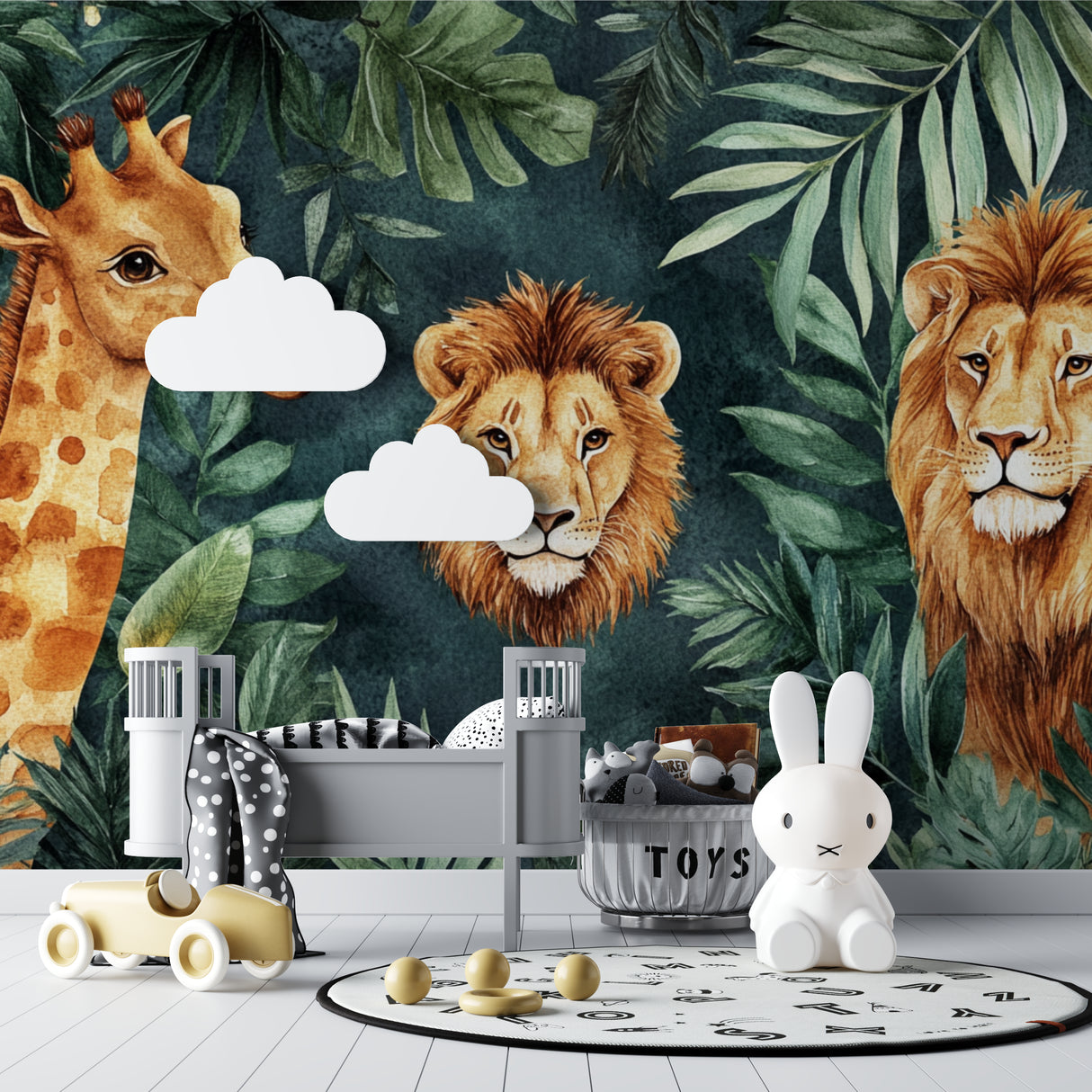 Safari animals wallpaper bringing life to a bright nursery with gentle giraffe and lion designs