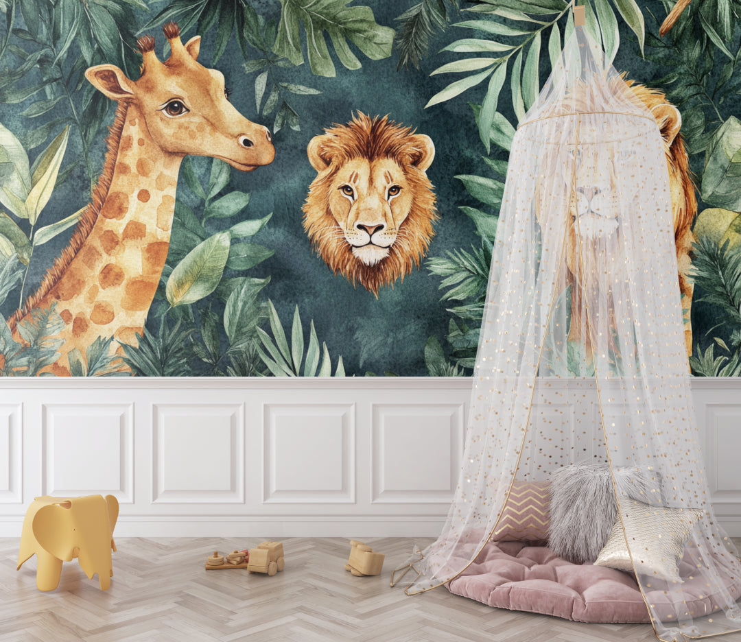 Tropical animals mural creating a cozy reading nook in a children's bedroom