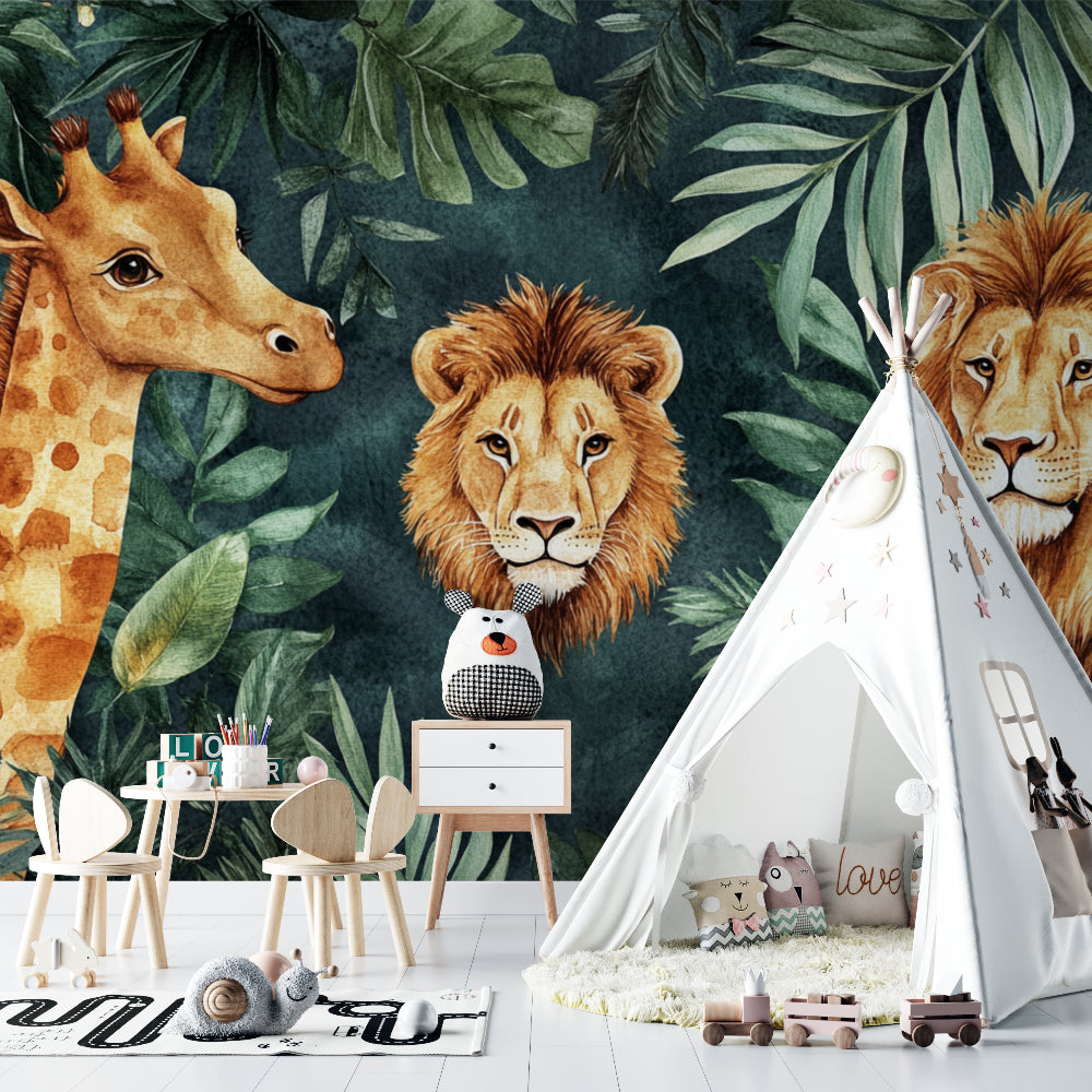 Safari wallpaper transforming a playroom with lions and tropical leaves