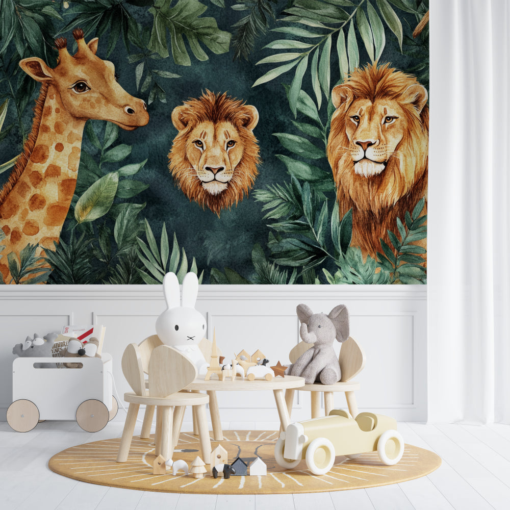 Safari themed wallpaper creating depth in a small bedroom space