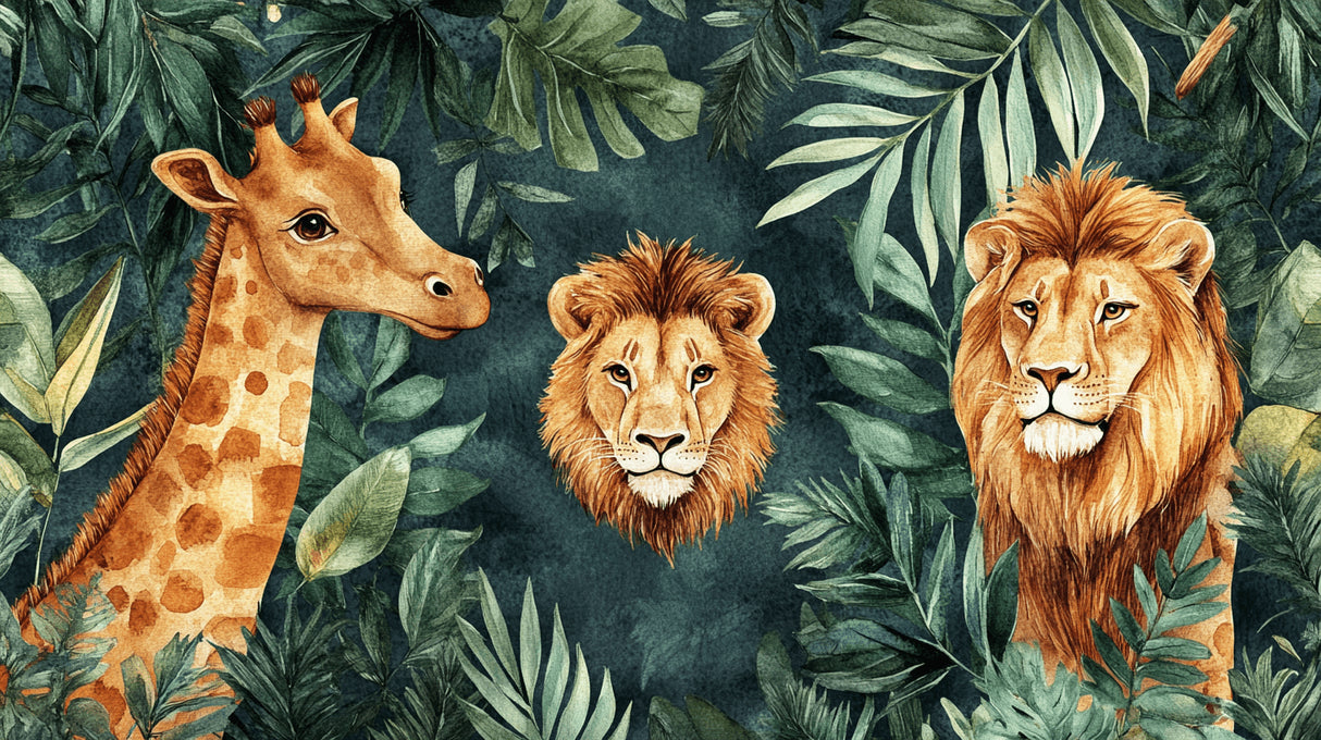 Detailed design file showing safari animals pattern with lions and giraffes among tropical foliage