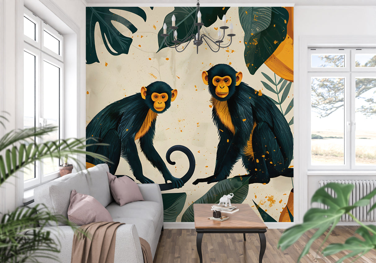 Jungle monkey wallpaper bringing life to a modern nursery with teal and cream tones