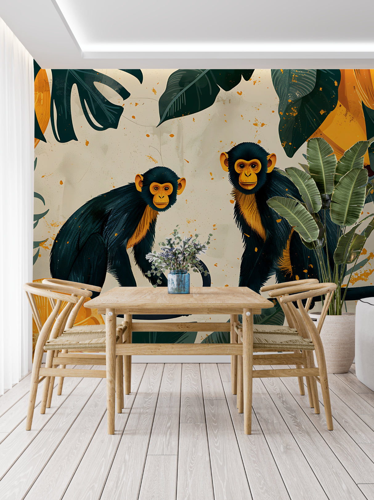 Jungle themed wallpaper with monkeys transforming a playroom space