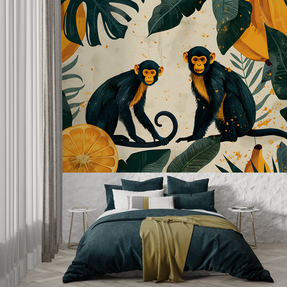 Tropical animal wallpaper creating a focal point in a living room setting