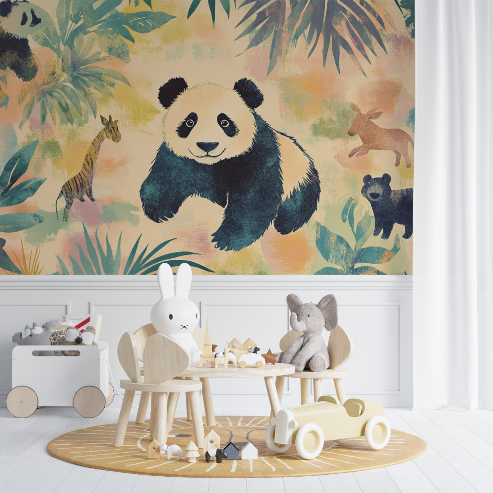 Jungle Animals Wallpaper featuring friendly panda in a modern nursery with soft pastel furniture