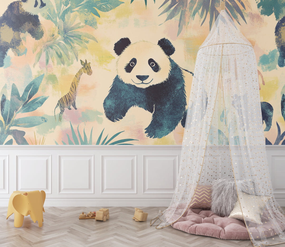 Safari animal wallpaper displayed in a cheerful kids playroom with reading nook