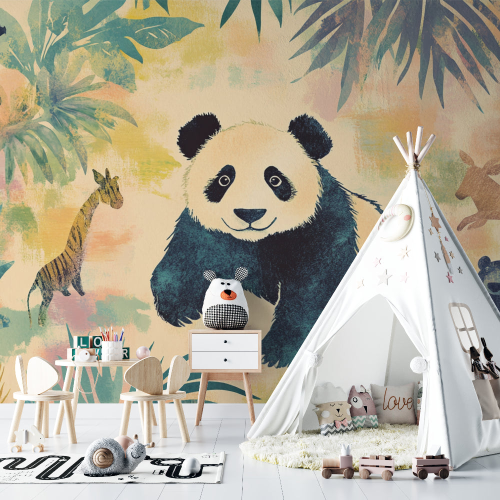 Jungle themed wallpaper creating a cozy atmosphere in a baby's nursery