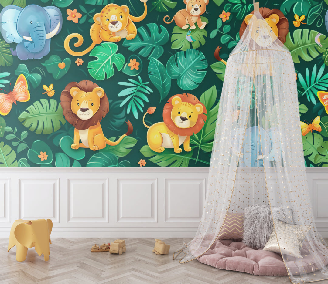 Jungle Animals Wallpaper creating a cozy atmosphere in a modern nursery with soft lighting