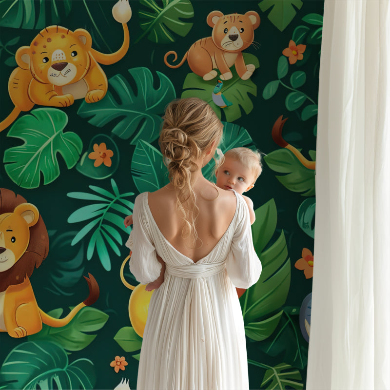 Safari Animals Mural brightening up a child's bedroom with playful lion and elephant characters