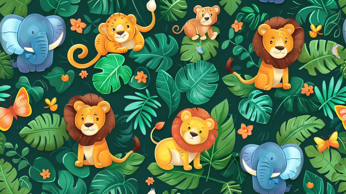 Jungle Animals Wallpaper design file showing detailed lions and elephant pattern with tropical leaves