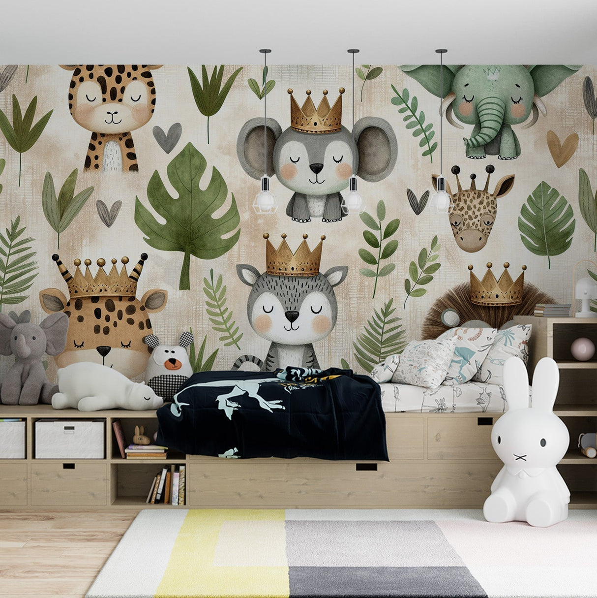 Royal Safari Animals wallpaper creating a magical kingdom in a bright nursery with soft beige walls and wooden furniture