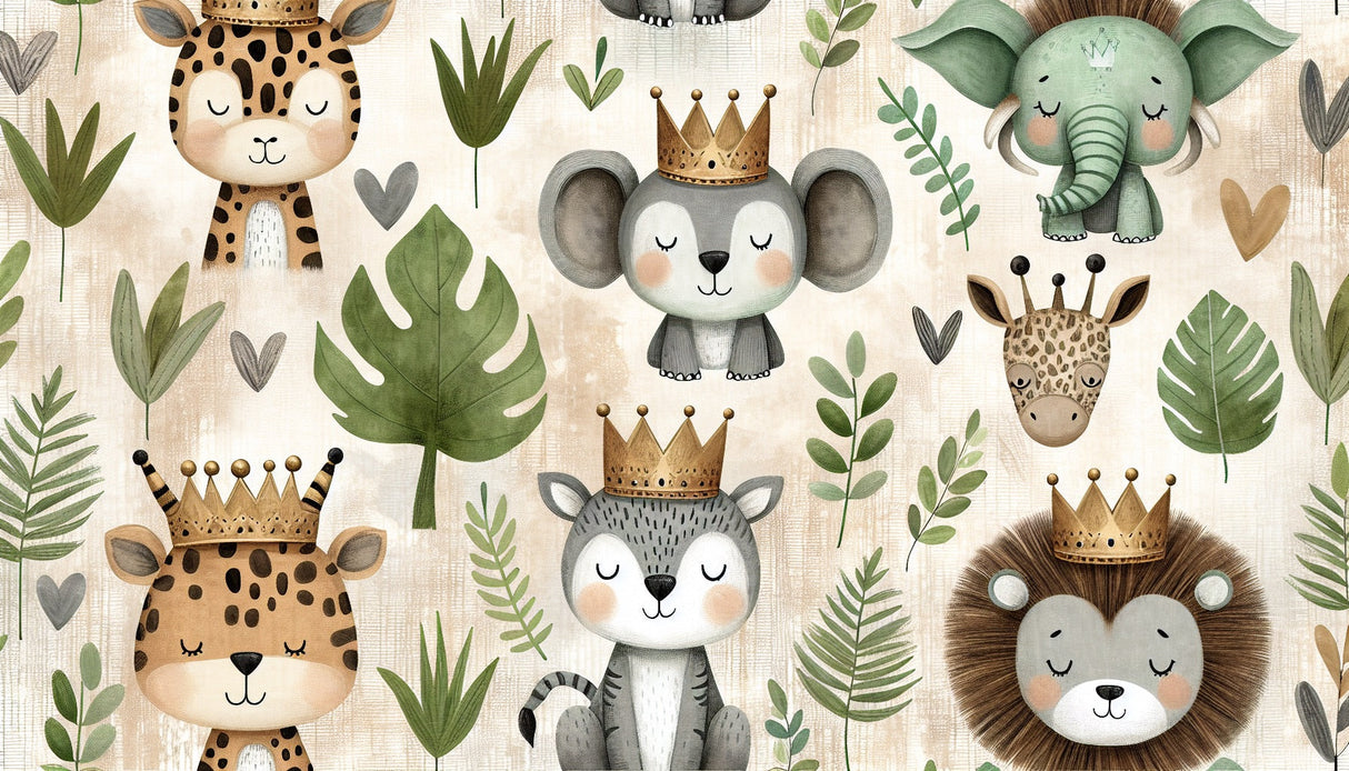 Jungle Animals wallpaper design file showing crowned safari creatures and tropical leaves on beige background
