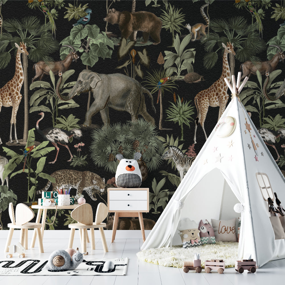 Jungle Safari Wallpaper in modern nursery with rocking chair and natural decor elements