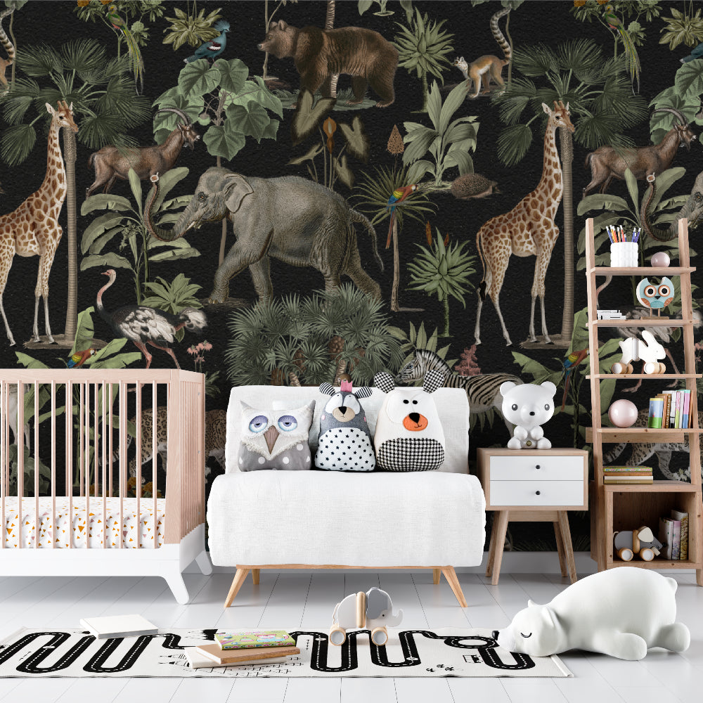 Safari Animals Wallpaper creating focal point in child's bedroom with reading nook