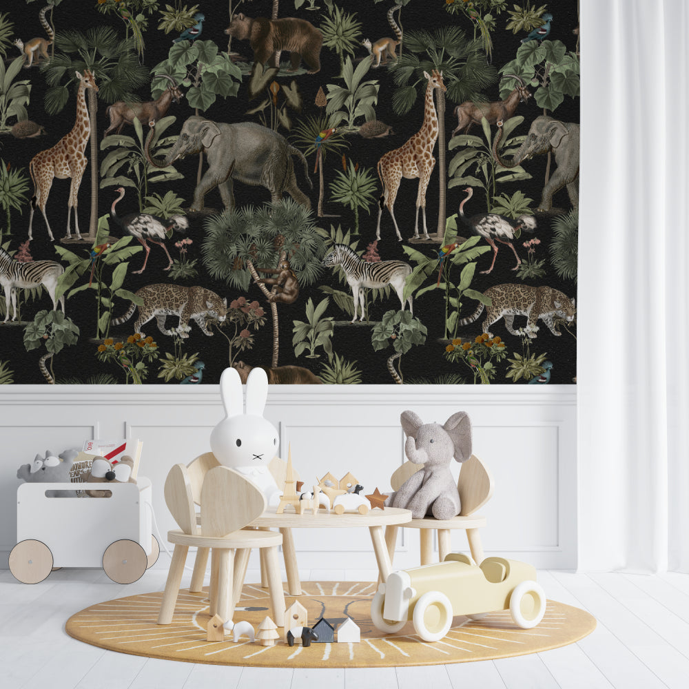 Jungle Animals Mural displayed in playroom with educational toys and natural lighting
