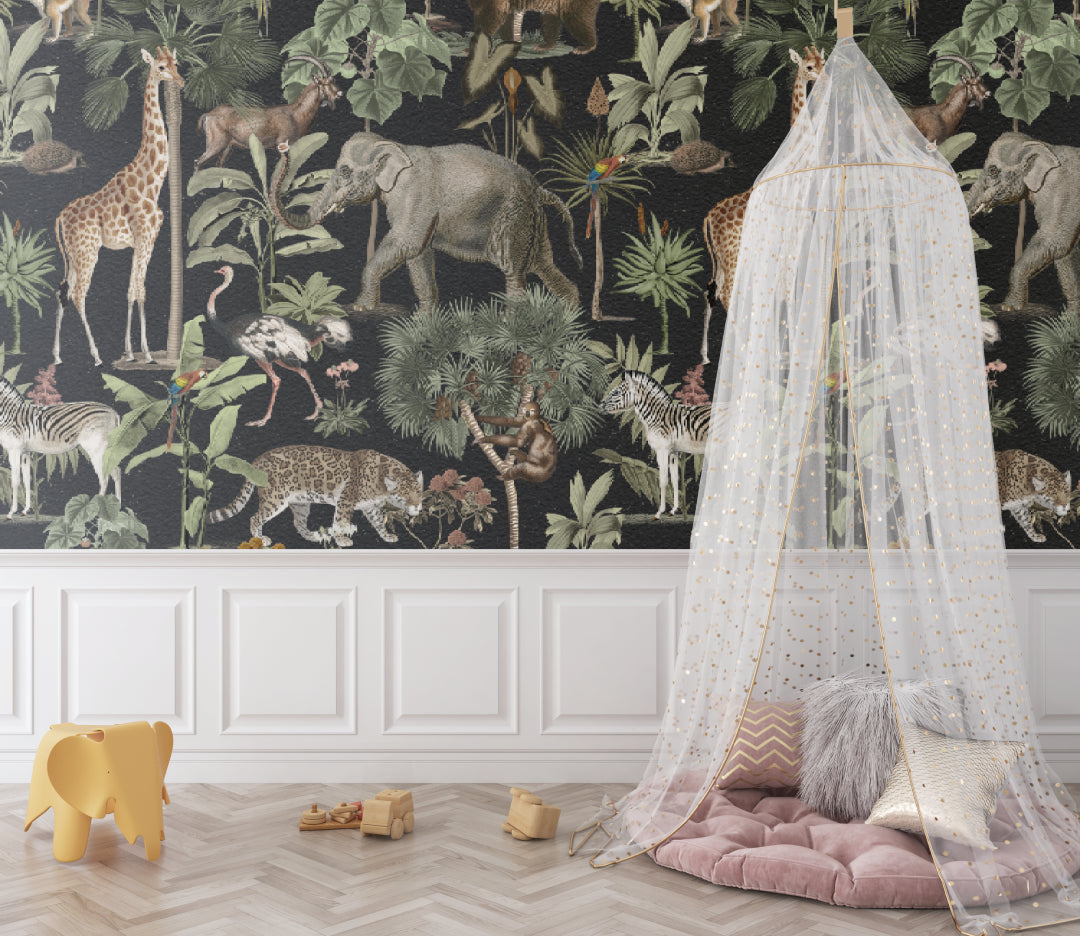 Safari Theme Wallpaper in modern family room showing scale and dramatic black background