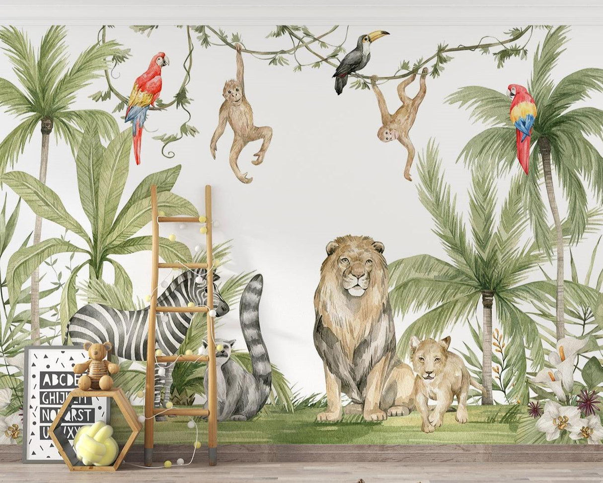 Safari animals wallpaper in bright nursery with rocking chair and wooden crib