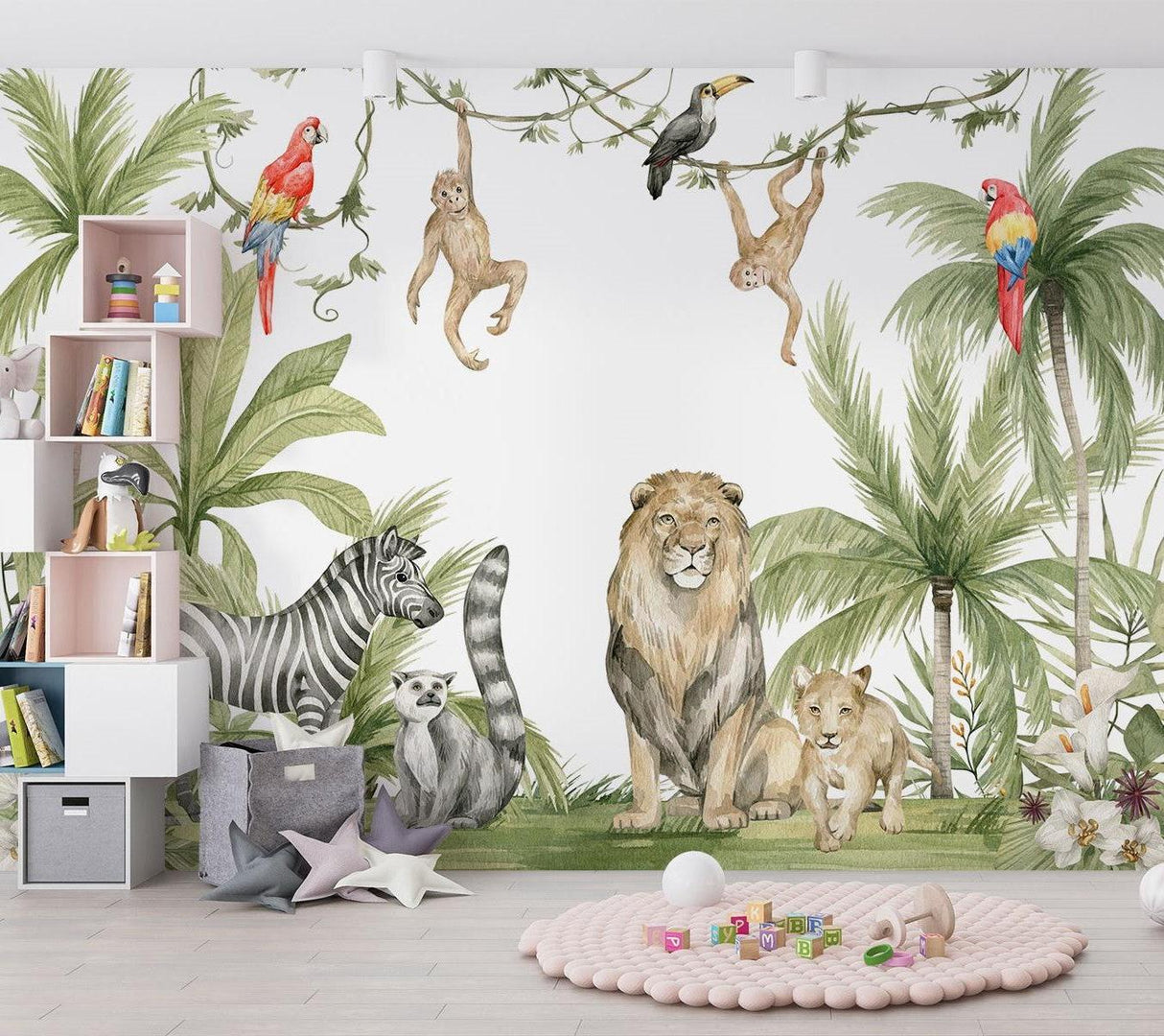 Jungle animals mural creating focal point in modern playroom with reading nook