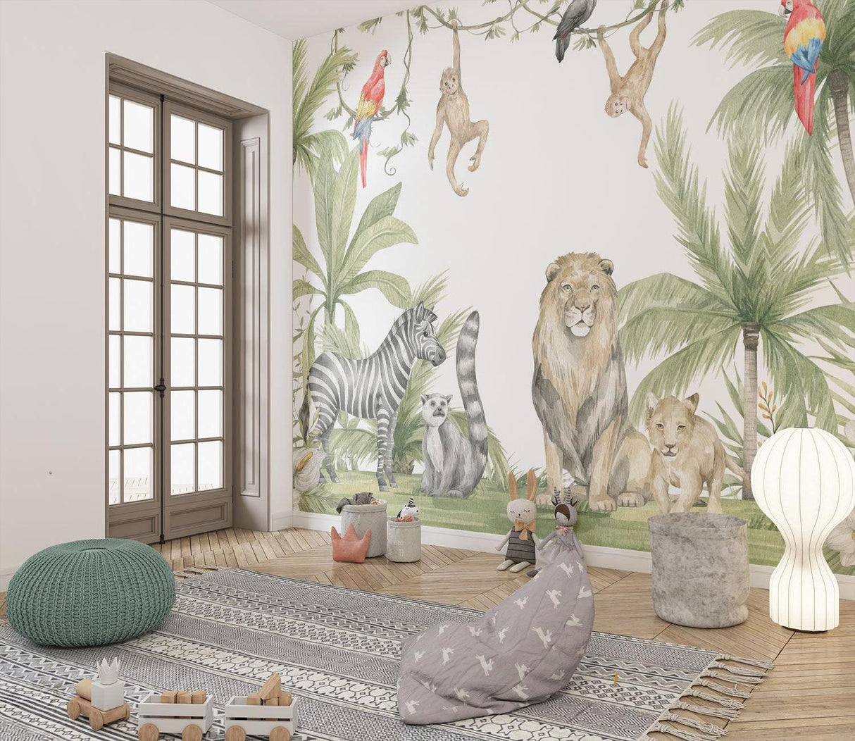 Kids bedroom featuring safari wallpaper with toy storage and play area