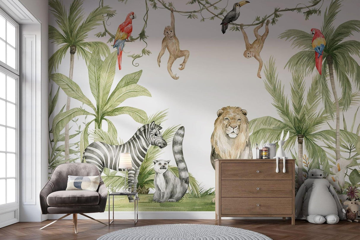 Safari themed nursery with changing station and jungle animals wallpaper
