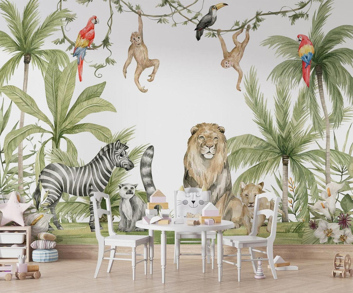Toddler room with jungle mural wallpaper and educational play corner