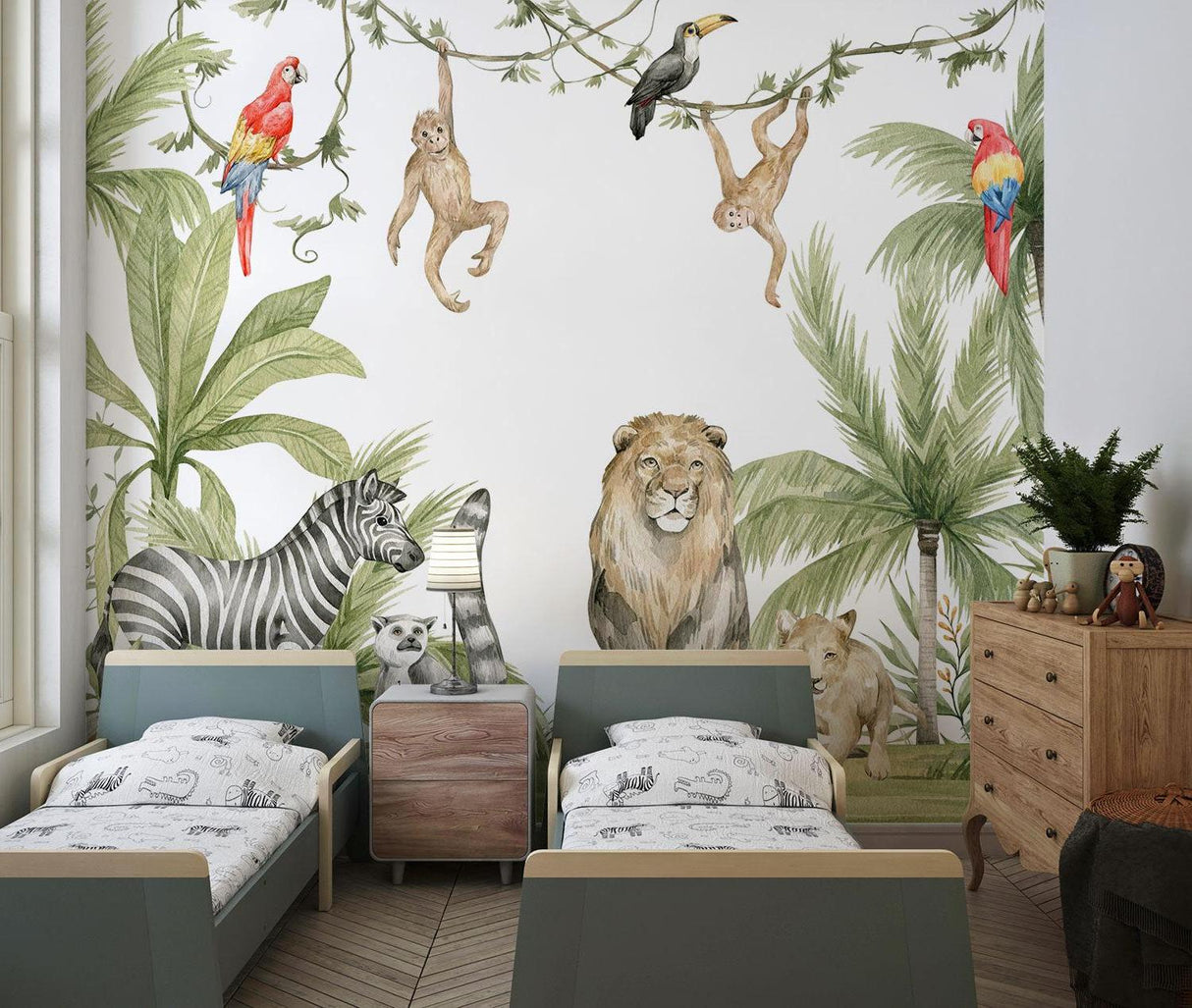 Reading area with safari animals wallpaper and cozy floor cushions