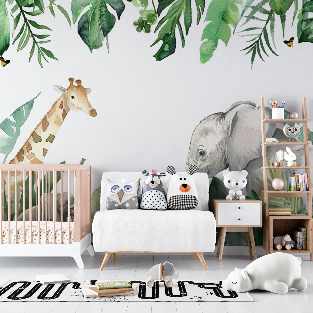 Safari animals wallpaper bringing life to a bright modern nursery with elephant and giraffe design