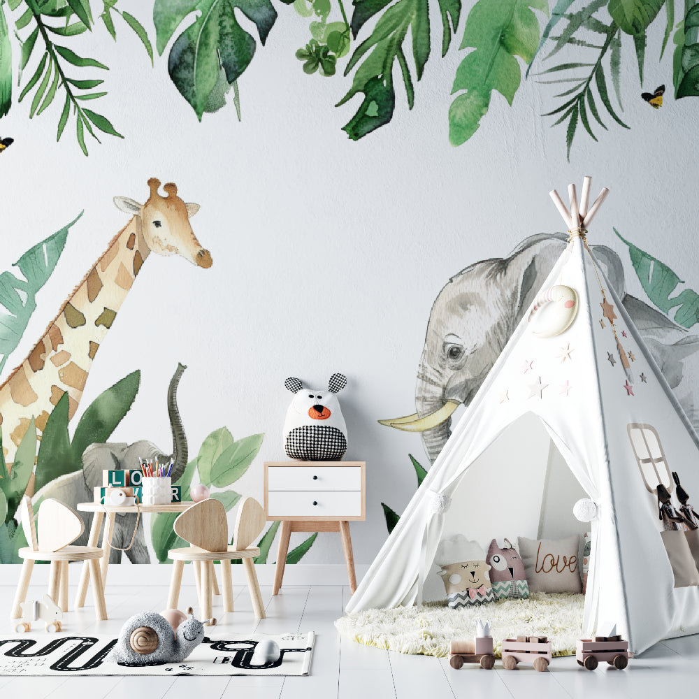 Jungle animals mural creating a playful atmosphere in a toddler's bedroom