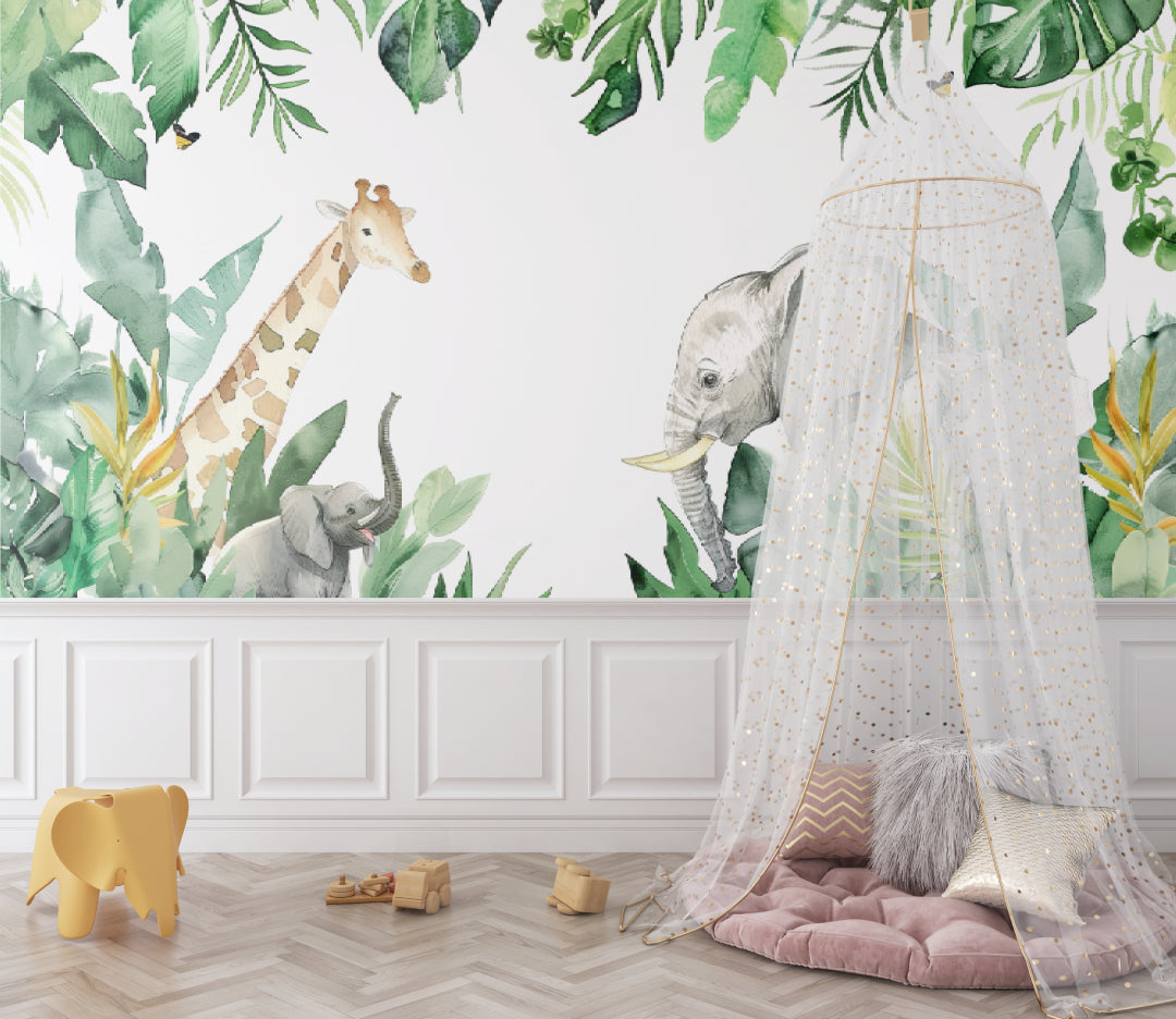 Safari nursery wallpaper showcased in a bright playroom setting
