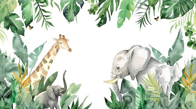 Safari animals wallpaper design file showing watercolor elephant and giraffe pattern