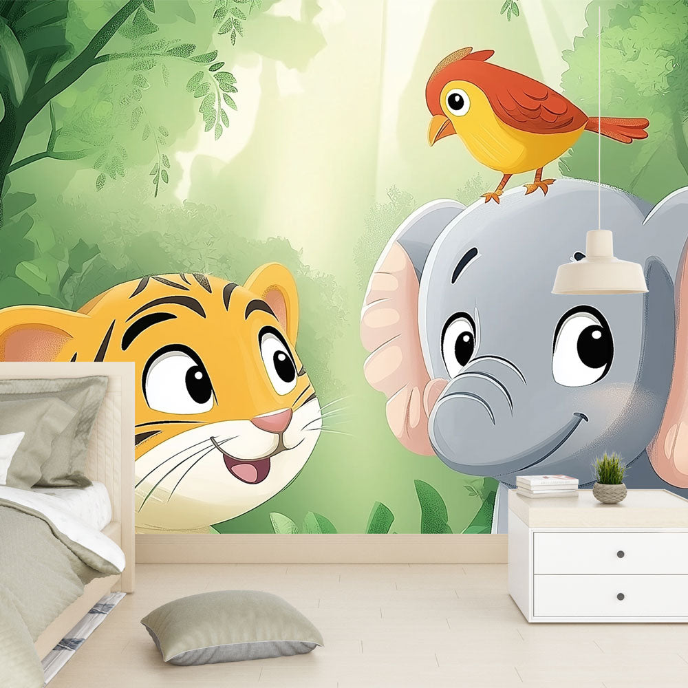 Jungle Animals Wallpaper bringing life to a bright nursery, with tiger and elephant friends creating a playful atmosphere