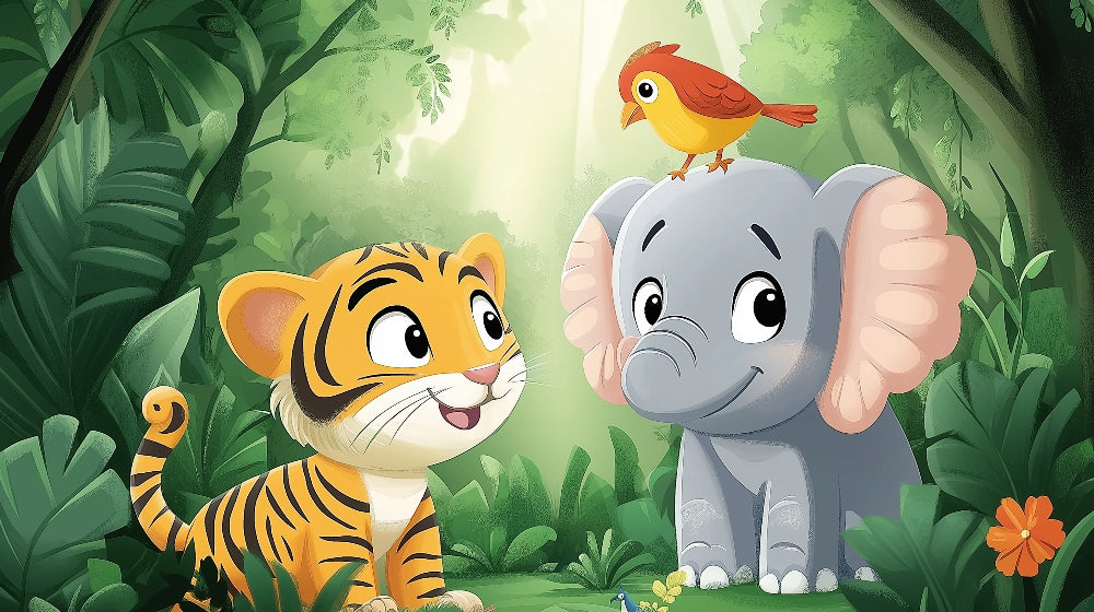 Jungle Animals Wallpaper design file showing friendly tiger cub and baby elephant in tropical setting