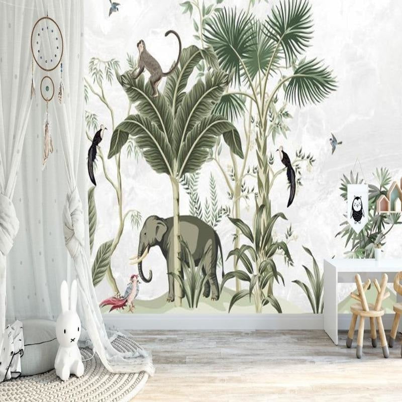 Jungle Animals Wallpaper in bright kids bedroom showing elephant and tropical birds among lush foliage