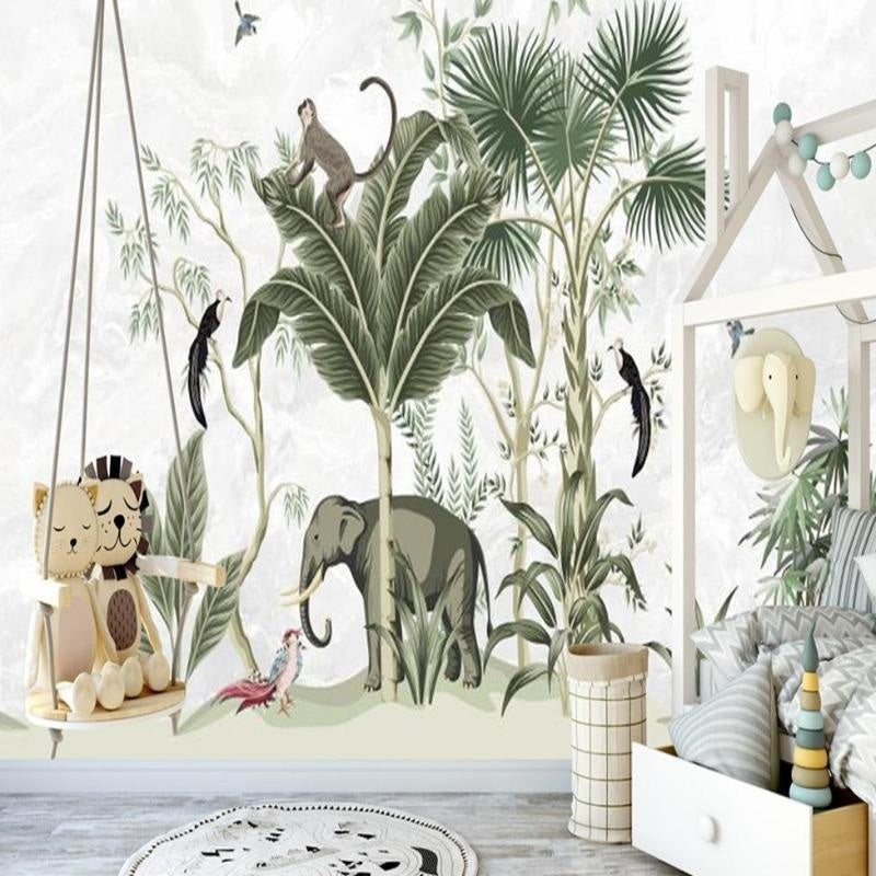 Safari Wallpaper Mural creating cozy reading nook in nursery with gentle elephant design