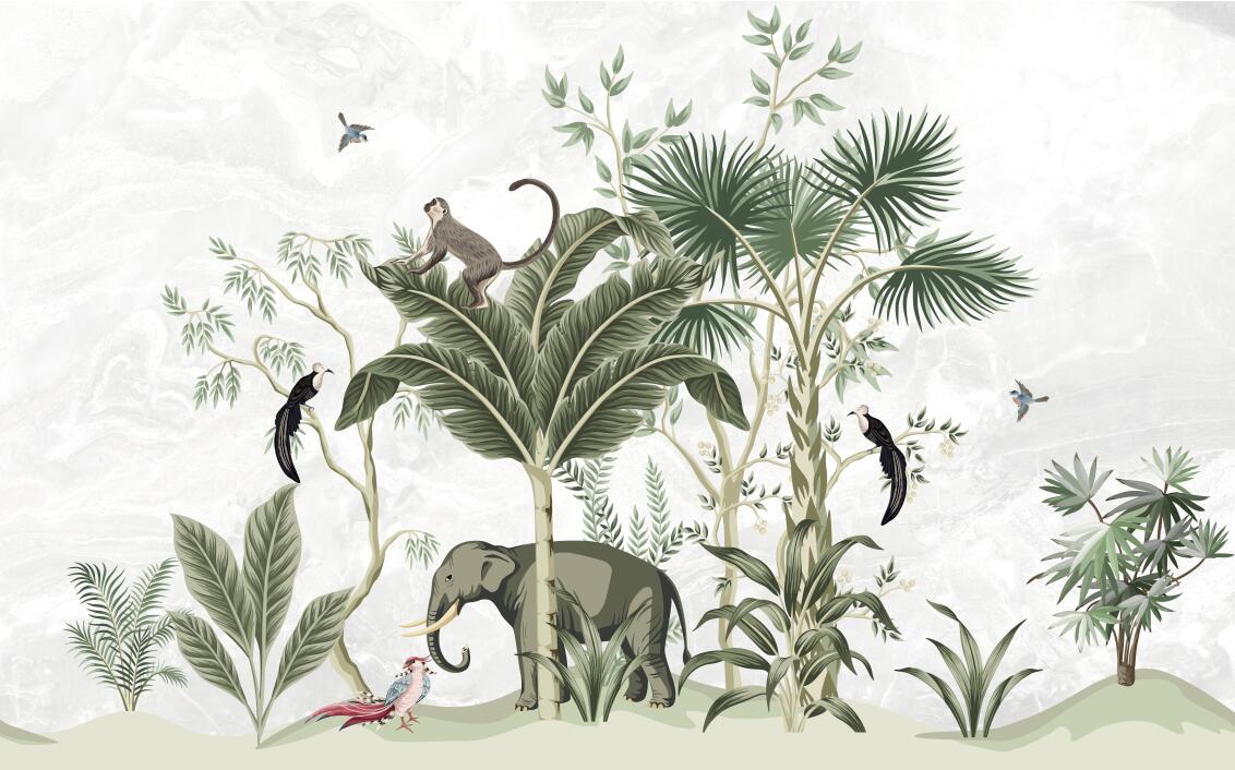Jungle Animals Wallpaper design file showing full pattern with elephant, birds and tropical leaves