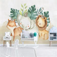Safari animals wallpaper in bright nursery with white furniture, showing gentle elephant and playful lion