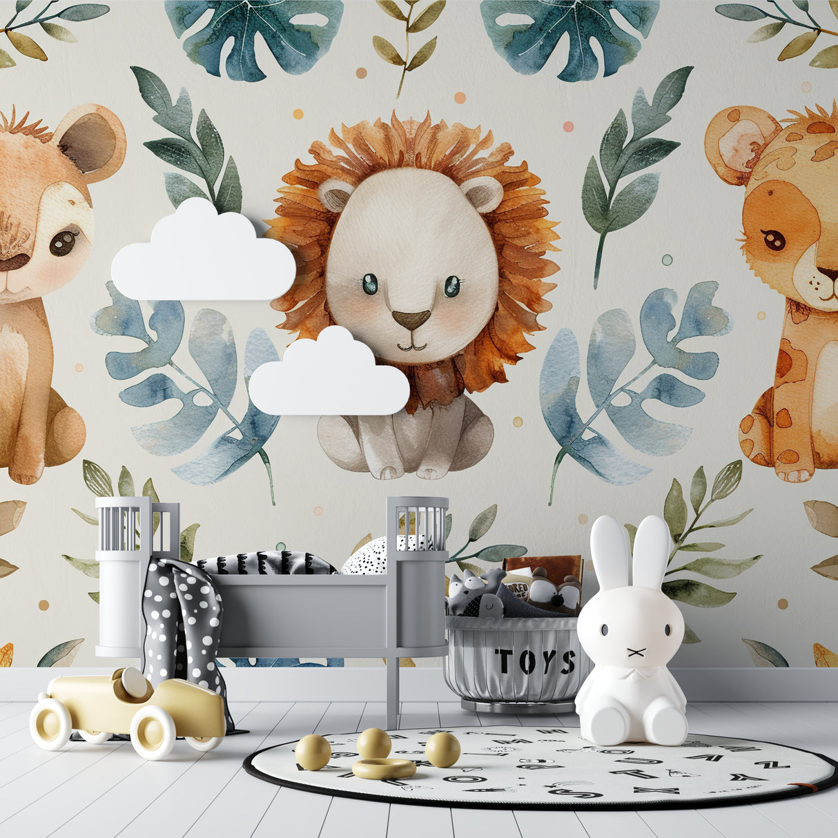 Gentle safari animals mural adding character to a baby's nursery