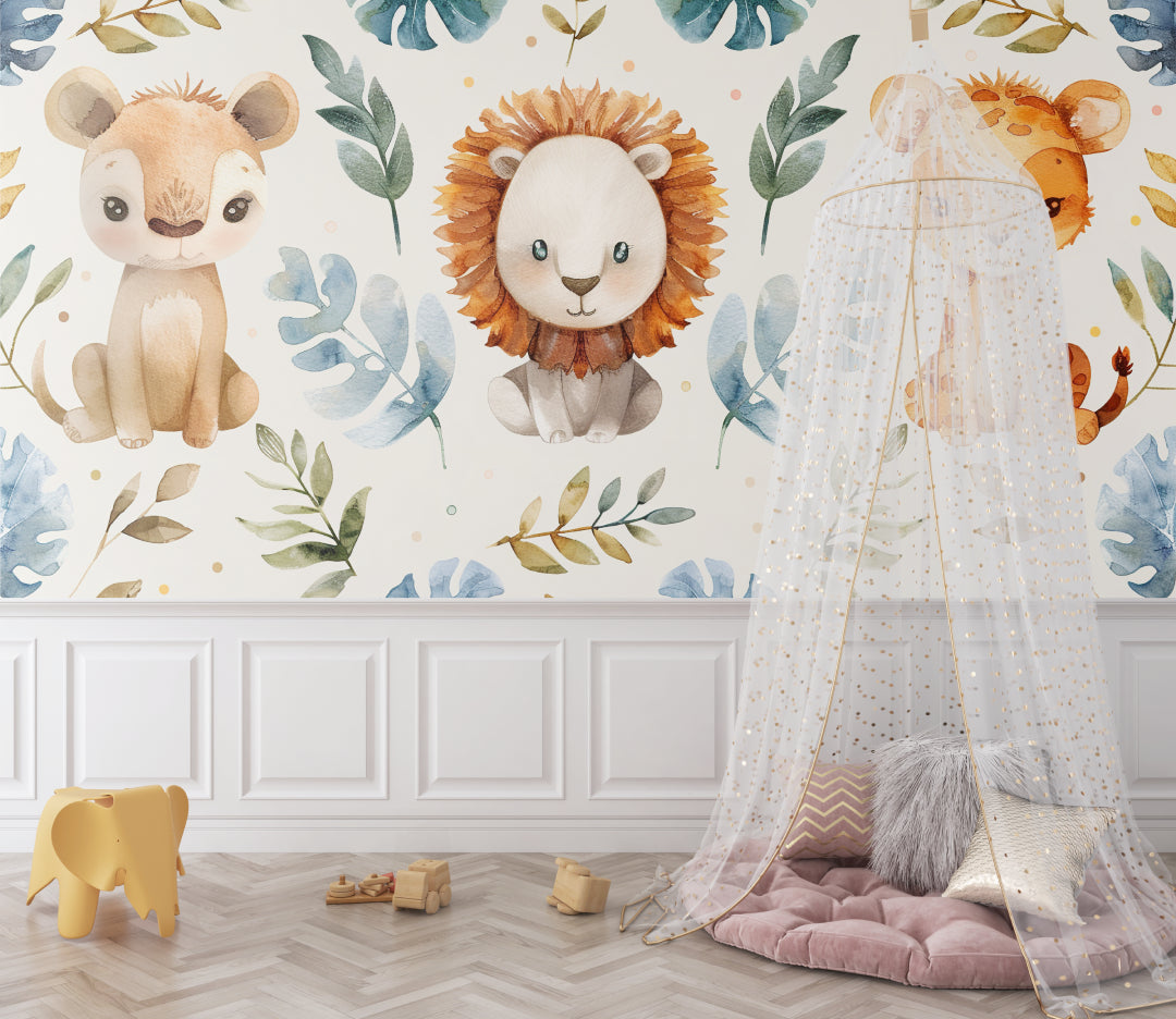 Watercolor jungle theme brightening up a toddler's bedroom wall