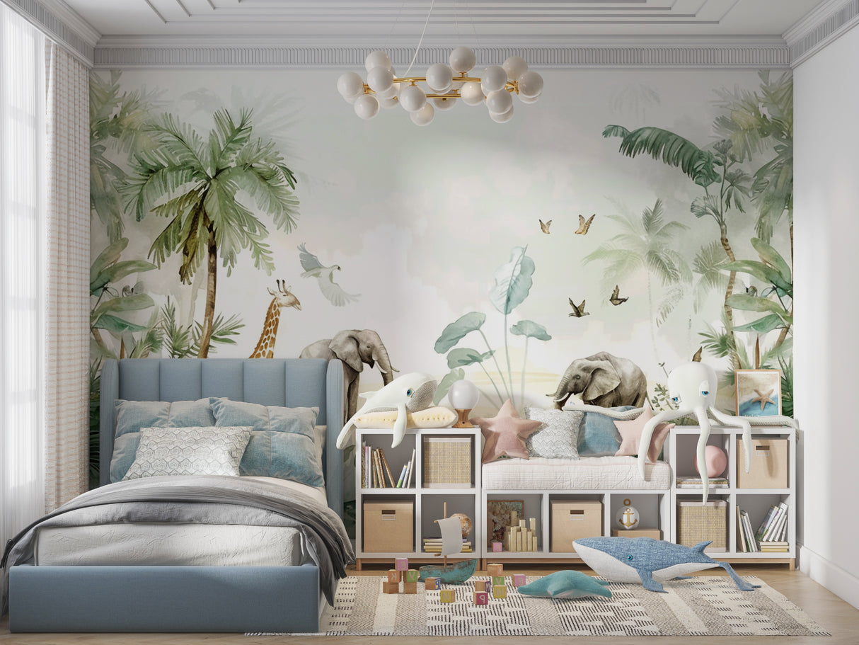 Jungle Animals Wallpaper in cozy nursery with soft lighting and natural decor