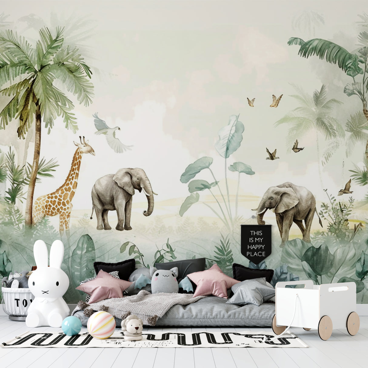 Safari Animals Wallpaper creating magic in child's bedroom with reading nook