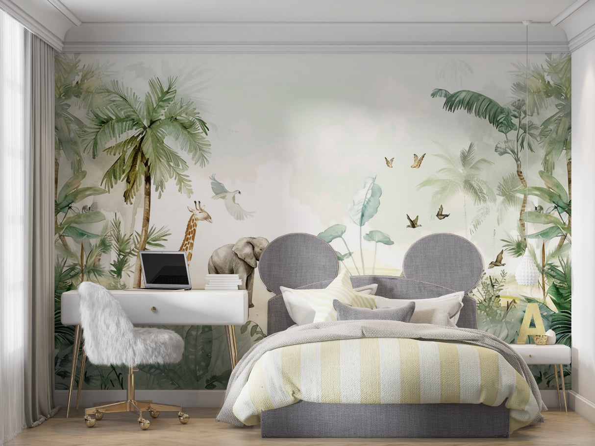 Watercolor Jungle Mural in modern playroom with wooden furniture
