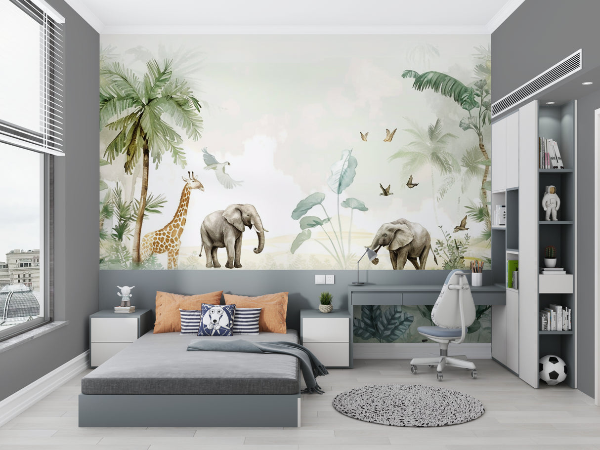 Tropical Wildlife Wallpaper in family room showing full wall installation